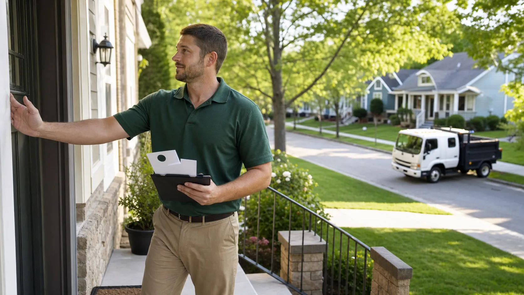 A neighborhood street of residential homes on a service route