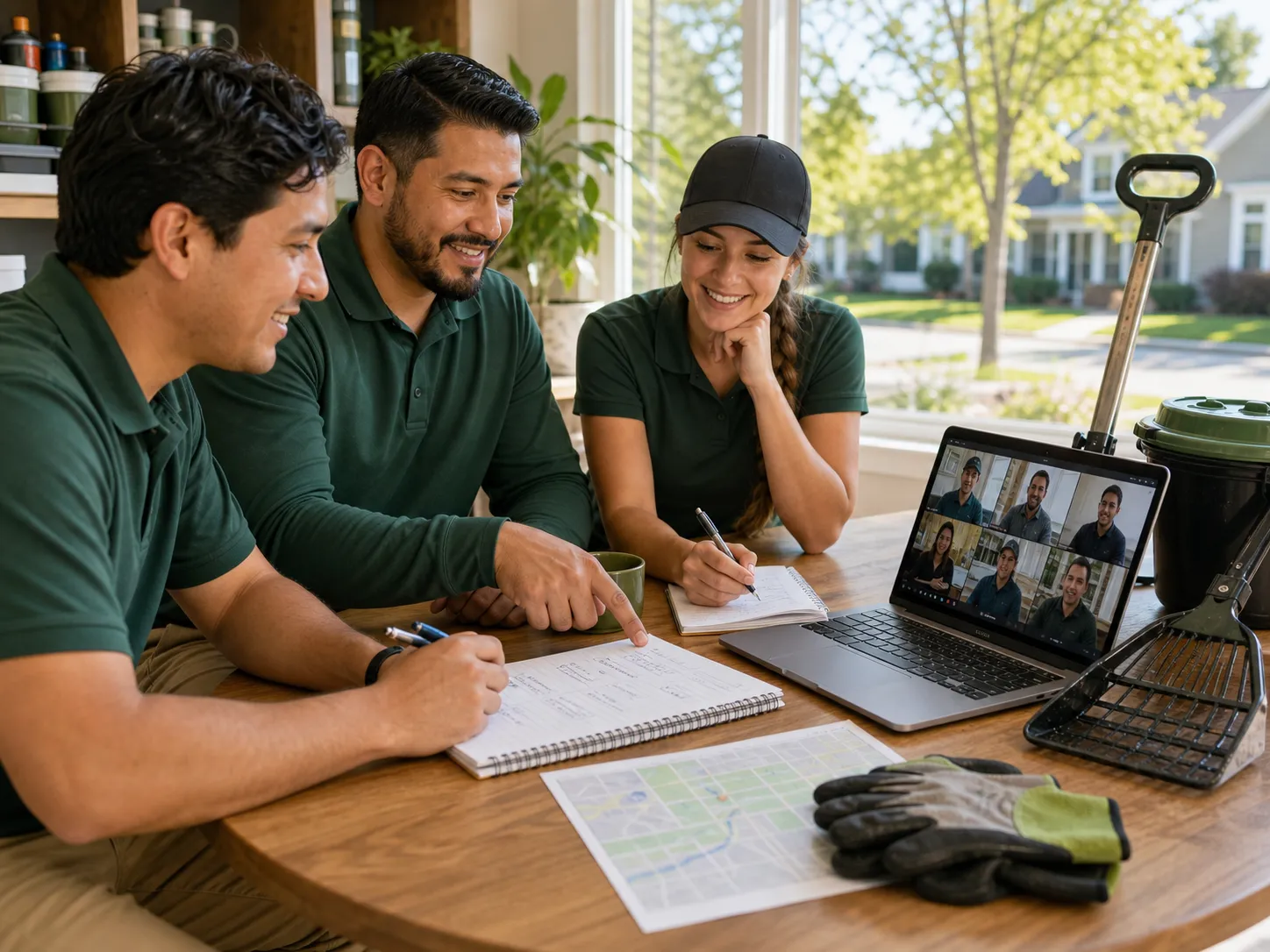 Poop scoop business owners collaborating around route notes and a video call