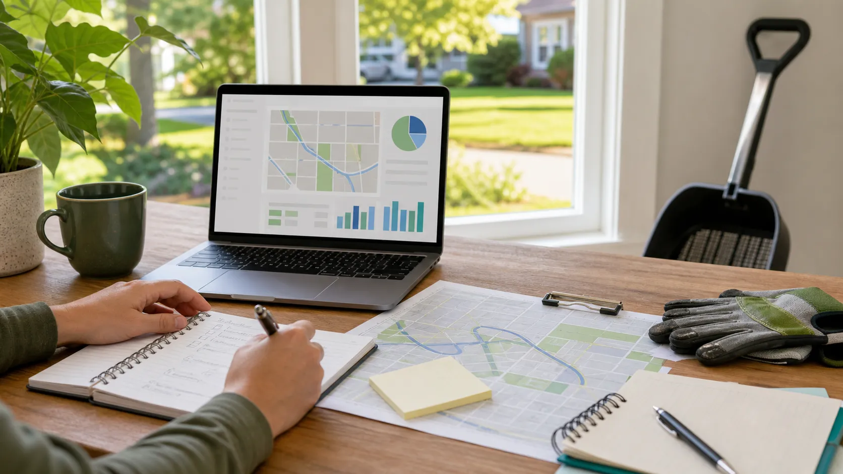 A route planning desk with a laptop, maps, gloves, and scoop gear
